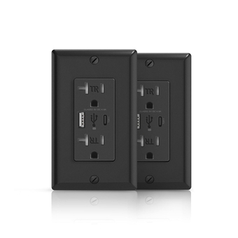 2 Pack USB Outlet Receptacle, 4.8 Amp Black Dual High Speed Outlet with Type A & Type C USB Ports, 20A Tamper Resistant Receptacle Plug, Wall Plate Included, Child Proof Safety, UL Listed