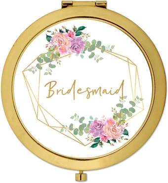 Gold Compact Mirror Bridesmaid's Gift, Bridesmaid, Geometric Gold Frame Pink Roses Florals, Wedding Gifts Ideas for Bridesmaid