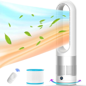 Bladeless Heater and Fan Combo with Air Purifier, All the Season, 80° Oscillating with Remote and Touch Control, 8H Timer, 24 Inch, Floor Fan for Indoor Use, Large Room, Silver White