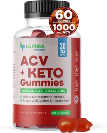 ACV 1000 mg + Keto Gummies for Weight Loss, 60 Gummies - 1000 mg Apple Cider Vinegar Powder, 80 mcg Pomegranate Juice & Beet Juice Powder, Folate, Vitamin B 12 - Digestion & Metabolism Support