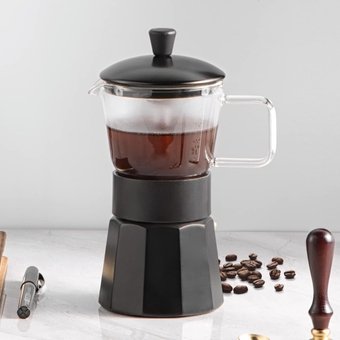 MOKA POT (Black, 240ml) Moka Stovetop Espresso Maker,Crystal Glass-top & Aluminum Espresso Moka Pot,Classic Italian coffee maker,240ml(6cup)