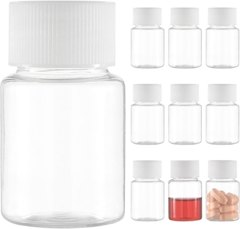 Small Clear Pill Bottle, Plastic Medicine Pill Bottle, Mini Plastic Clear Empty Bottle Reagent Bottle for Liquid Powder Cylindrical Container(10 pcs, 30ml)