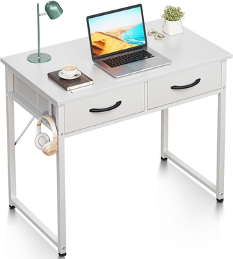 Small Desk with Fabric Drawers- for Bedroom, White Vanity Desk with Storage, Home Office Computer Desk for Small Spaces, 32 Inch Modern Work Writing Study Table, White