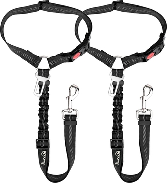 Dog Seat Belt, 2 Pack Pet Car Seatbelt with Elastic Bungee Buffer, 2 in 1 Adjustable Headrest Restraint Reflective Puppy Safety Harness (Black-Dual Use)