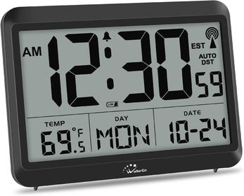 Atomic Clock Battery Operated - Large Display Digital Alarm Clock with Seconds and Indoor Temeperature, 4 Time Zones, DST