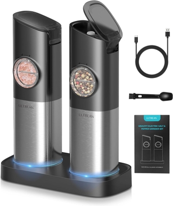 Gravity Electric Salt and Pepper Grinder Set - USB Rechargeable With Dual Charging Base - Adjustable Fineness - One Handed Operation, Stainless Steel Construction, Auto Dust Lids, LED Light