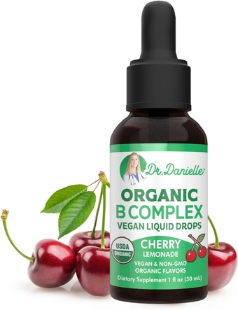 Organic Vitamin B Complex Liquid Drops | B Vitamins Complex Supplement with B3, B6, B7, B9 & Methyl B12 Drops for Adults & Kids | Vegan Cherry Flavor 1oz | 60 Servings / 2 Month Supply