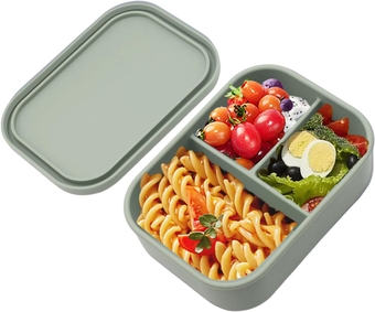 Silicone Bento Box Lunch Container, 3 Compartment Hard-Shell Food Grade Silicone Lunch Box with Lids, Leak Proof, Oven & Dishwasher safe-25 oz Capacity (Sage)