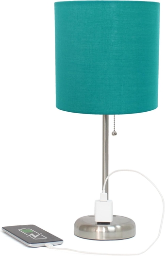 LT2024-TEL Brushed Steel Stick Table Desk Lamp with Charging Outlet and Drum Fabric Shade, Teal Shade