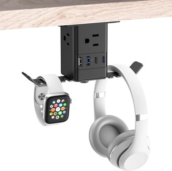 Under Desk Headset Stand with Charger, 20W USB C Power Strip 3 Outlet with Headphone Hook, Table Mount Surge Protector with PC Game Hanger Holder, Built in Cable Clip Organizer, 6 FT Cord