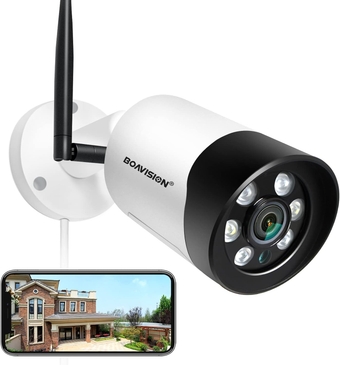Outdoor Security Camera,WiFi Home Security Surveillance Bullet IP Camera HD 1080P 2 Way Talk with Spotlight Color Night Vision Motion Detection and Siren Remote View SD Card Storage
