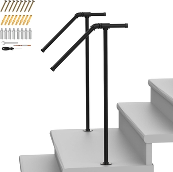 2 Pack Single Post Handrails for Outdoor Steps,Sturdy Outdoor Handrails with Base,Adjustable Wrought Iron Stair Railing Fits 1-2 Steps,Porch Railing Kit with Screw Kit,Black