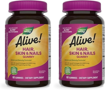 Alive! Hair, Skin & Nails Gummies, Advanced Beauty Formula*, with Biotin and Collagen, Strawberry Flavored, 60 Gummies (Packaging May Vary) (Pack of 2)