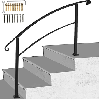 Handrails for Outdoor Steps,4 StepTransitional Handrail  Wrought Iron Handrail with Installation Kit Outdoor Handrails for Indoor Outdoor Steps（4Black）