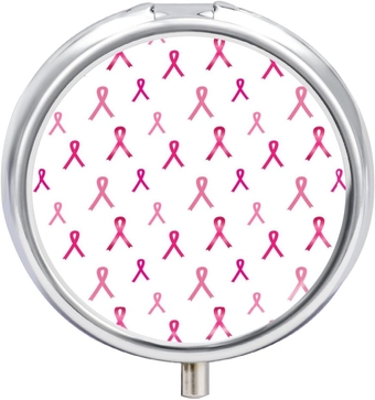 Breast Cancer Ribbon Round Pill Box Portable Mini Pill Case Organizer for Women Men Travel Gift