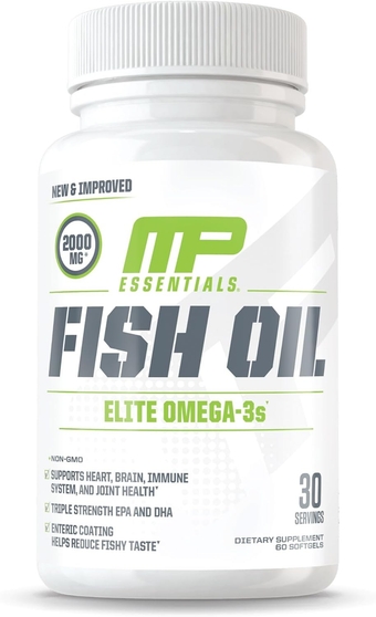 Essentials Fish Oil, Elite Omega 3 Supplement, Supports Joints, Muscular Performance & Recovery, Brain, Heart & Immune Health, 2000mg Omega 3 Fish Oil Per Serving, 60 Softgels, 30 Servings