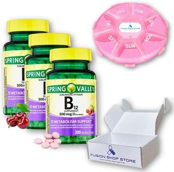 B12 sublingual, Supports Energy Metabolism and Nervous System Health, Spring Valley 500 mg Cherry Flavor 200 ct, Set with Fusion Shop Store Week case (1) (Pack of 3)