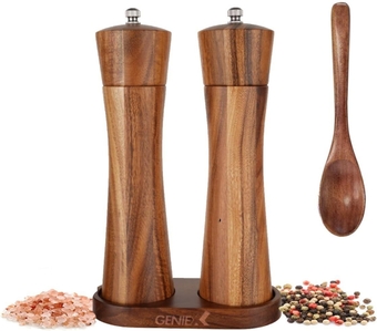 QUEEN Salt and Pepper Grinders Refillable Set, Acacia Wood Salt and Pepper Set, Easy Refillable, Cool Kitchen Gadget, 8" Manual Wooden Salt Pepper Grinder with Tray 2pcs, Valentines Day Gifts