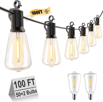 Outdoor String Lights LED 100FT Patio Lights with 52 Shatterproof ST38 Dimmable Vintage Edison Bulbs, Waterproof Outside Hanging Lights for Backyard Deck Garden Party Xmas Decor, 2700K
