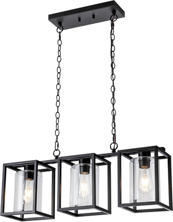 3-Light Farmhouse Kitchen Island Lighting, Black Industrial Rectangular Chandelier for Dining Room,Linear Pendant Light with Glass Shade for Dining Room Light Fixtures Over Table