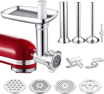Meat Grinder Attachment for KitchenAid Stand Mixers, Accessories Included 3 Sausage Stuffer Tubes and 4 Grinding Plates, Metal Food Grinder Accessories by
