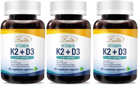 Vitamin K2 + D3, 400 IU Vegan Vitamin D3 & 120 mcg Vitamin K2 (MK-7), 2 in 1 Formula, Immune Vitamin Complex, Supports Your Heart, Teeth and Immune Function, 30 Vegetarian Capsules (Pack of 3)