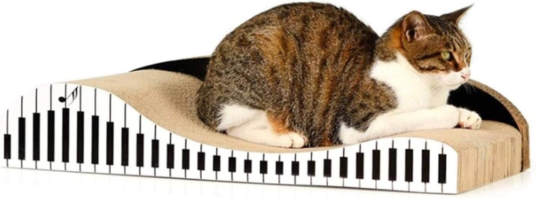 Wave Backrest Shaped Cat Scratcher Pads with Piano Pattern Durable Corrugated Cardboard Scratching Boards, Black