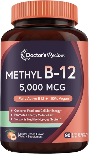 Vitamin B12, Methylcobalamin 5000 mcg 90 Fast Dissolve Tablets, Natural Peach Flavor, Vegan Methyl, Energy Metabolism & Nervous System