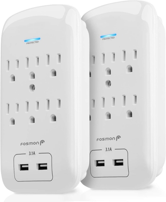 6 Outlet Surge Protector 1200 Joules with 2 USB Ports Charger (3.1A), Multi Plug Outlet Extender 1875 Watt, 3-Prong Grounded Wall Tap Adapter (2 Pack)