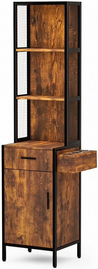 Salon Station for Hair Stylist, Wall Mount Barber Stations, Hair Styling Storage Cabinet with 3-Tier Open Shelves,1 Drawer, 1 Cabinet & 3 Hot Tool Holders,Rustic Brown