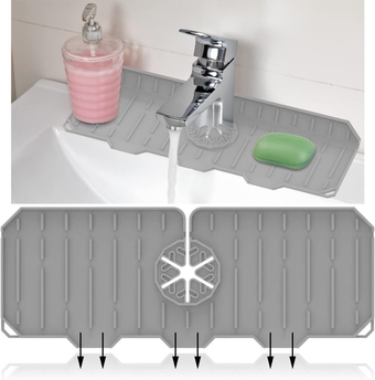 Silicone Faucet Handle Drip Catcher Tray With Three Water Outlets,Kitchen Silicone Faucet Splash Catcher,Silicone Faucet Handle Drip Catcher Mat,Faucet Sink Splash Guard,Silicone Faucet Mat(GREY)
