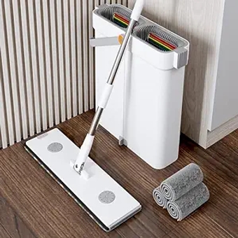 Mop and Bucket with Wringer Set,Large Flat Floor Mop and Bucket,16'' Flat Mop and Narrow Bucket with 4 Microfiber Pads,Wet and Dry Use,Household Cleaning Tools for All Floor Types and Windows