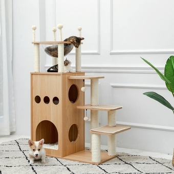 Modern Cat Tree for Large Cats - Wood Cat Tower with Scratch Post, Extra Tall Design, Sturdy Frisco Castle, and Clear Bowl for Ultimate Fun and Comfort