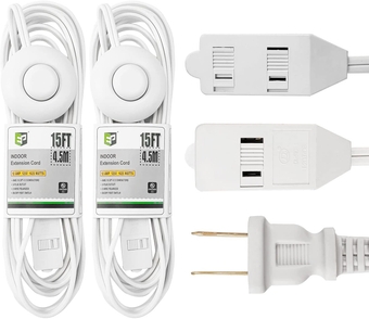 2 Pack 15 ft Extension Cord with Foot Switch, ON/Off Switch Power Cord, 2-Prong 3 Electrical Power Outlets, 16/2C, White