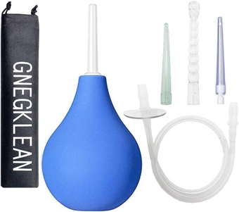 GNEGKLEAN Black Silicone Enema Bulb Kit 7.6oz Clean Anal Douche for Men Women with 19.7in Hose+4 Replaceable Nozzle (Blue)