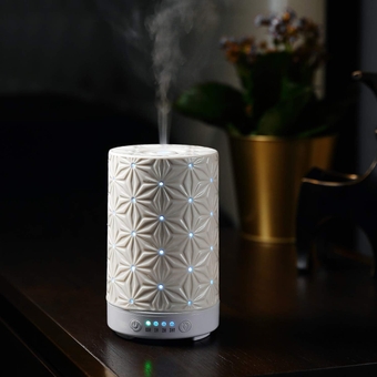 100ml Ceramic Aromatherapy Essential Oils Diffuser, Ultrasonic Cool Mist Humidifier with Timer and 7-Color LED Night Light, Water-Less Auto Off Function - White Bauhinia Pattern