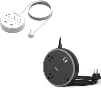 Long Cord Power Strip Bundle, 3 Outlets 2 USB Braided Power Strip with 10ft Cord and 3 Outlets 2 USB Widely Spaced Power Strip with 15ft Cord, Right Angle Plug for Office, Home, Nightstand