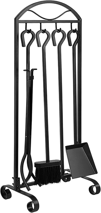 5 Pcs Fireplace Tools Sets- Indoor/Outdoor Modern Black Cast Iron Hearth Tool with Hooks Sturdy Hearth Accessories Kit with Tongs Shovel Brush Poker