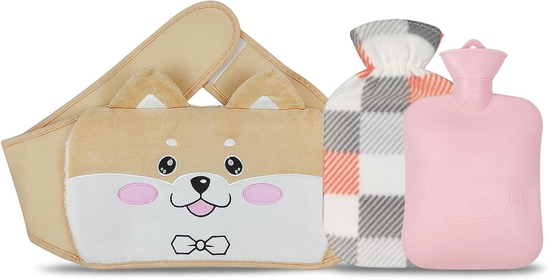 Hot Water Bottle, Hot Water Bag with Soft Waist Cover, Hot Water Bottles for Pain Relief for Neck, Back, Shoulder, Legs, Waist Warm and Menstrual Cramps, Rubber Water Bag Pouch (Pink-Dog)