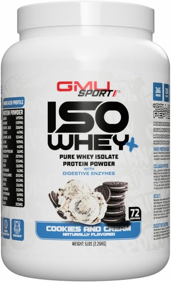 72 Servings, 100% Whey Protein Isolate, Collagen peptides, Digestive Enzymes and BCAAs. (5 LB, Cookies & Cream)