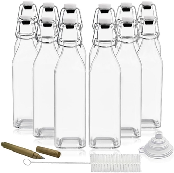 12 Pack 17oz Square Glass Bottles with Lids | Swing Top Bottles for Beer Bottles for Home Brewing, Limoncello Bottles | Glass Storage Bottles for Liquids w/Brush, Funnel, & Marker