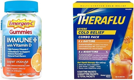 Immune+ Immune Gummies, Vitamin D Plus 750 mg Vitamin C, Immune Support Dietary Supplement & Theraflu Combo Daytime and Nighttime Severe Cold Relief Powder, Honey Lemon Flavor, 12 Count