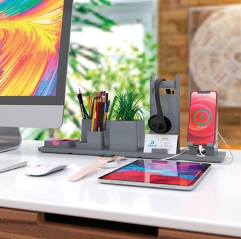 LED Office Desk Light, Phone Charging Station, Pen Holder Compartment, Business Card organizer Decoration Cup Plant Holder