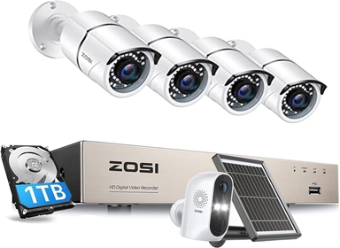 Home Security Camera System with Audio, 5MP Lite 8 Channel H.265+ CCTV DVR with 1TB HDD,4pcs 1920TVL Cameras&C1 Wireless Battery Camera with Solar Panel,Siren Alarm,Motion Detection,Night Vision