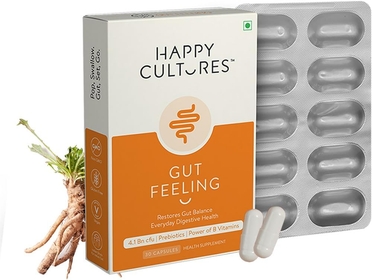 Happy Cultures Gut Feeling Digestion Supplement Unique Blend of Probiotics for Daily Digestive Health B-Vitamins Gut Health Supplement for Bloating, IBS, Digestion, Clinically Tested - 30 Veg Capsules