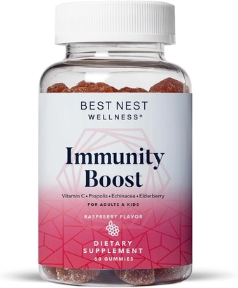 Immunity Gummies with Propolis, Echinacea, Elderberry, Vitamin C, Daily Vitamins for Women, Men, Kids, Family, Boost Immune Support and Health, Non-GMO, Gluten Free, Raspberry, 60 Ct