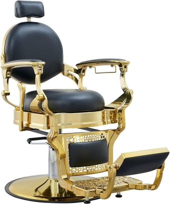 Vintage Barber Chair Heavy Duty Adjustable Hydraulic Recline Men's Barber Chair Double Round Salon Chair Barber Shop Station Furniture Hair Styling Beauty Spa Message(Gold Frame&Black Leather)