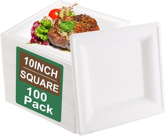 100PCS Compostable Paper Plates - 10 Inch Nature Square Biodegradable Plates - Heavy Duty Paper Plates Made by 100% Sugar Cane Fibers, Microwave Hot Food Safe for Daily Meals & BBQ & Parties