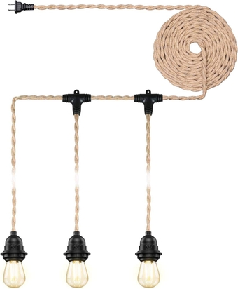Industrial Triple Ceiling Pendant Light,Vintage Weatherproof Hanging Light Kit Fixture with Plug in Hemp Rope Cord,DIY Outdoor Fireproof Chandelier for garden, backyard,Living Room (UL Listed,E26)