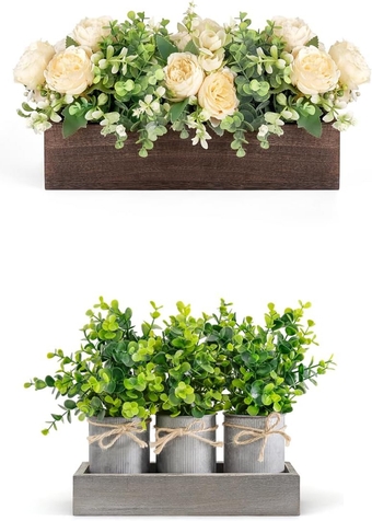 Centerpiece Table Decorations for Dining Room and Decorative Galvanized Metal Pots Centerpiece Decor Wood Tray with Artificial Eucalyptus Farmhouse Home Decor for Coffee Table Dining Room Living